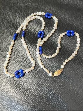 Vintage 14k Gold Cultured Rice Pearl Necklace with Lapis Lazuli
